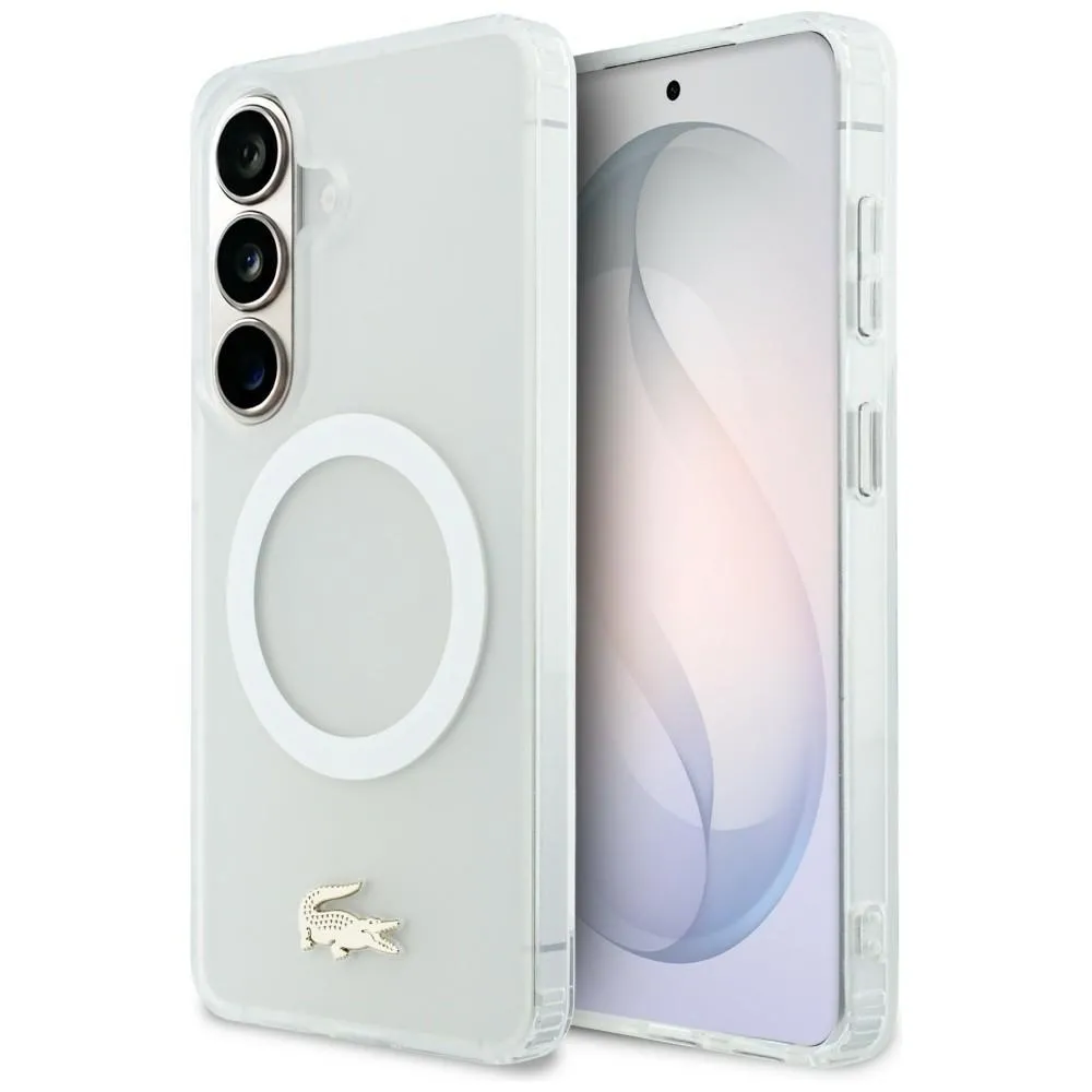 Etui Lacoste Shockproof Frosted Gold Logo MagSafe do Galaxy S26 Biały