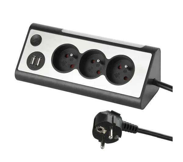 Duwi POWERDESK 2x USB-A 3 gniazda 1,4m Czarno-srebrny