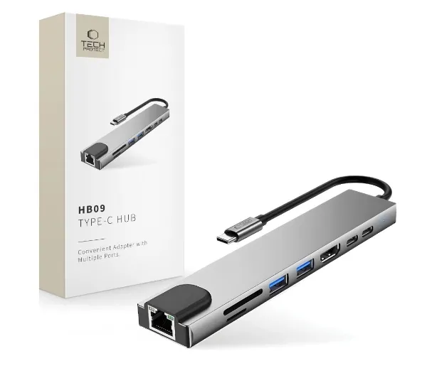 Tech-Protect HB09 8w1 USB-A  USB-C PD 100W HDMI SD RJ45 Szary