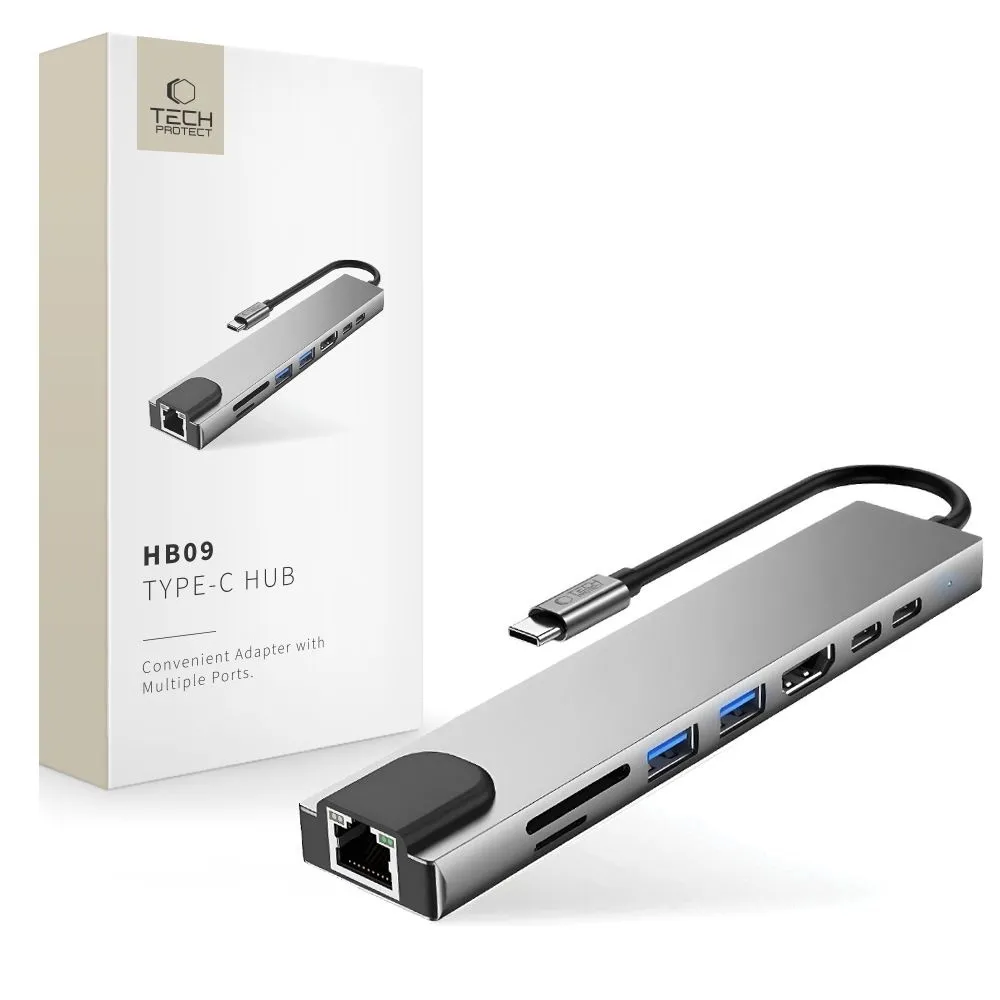 Hub USB Tech-Protect HB09 8w1 USB-A USB-C PD 100W HDMI SD RJ45 Szary