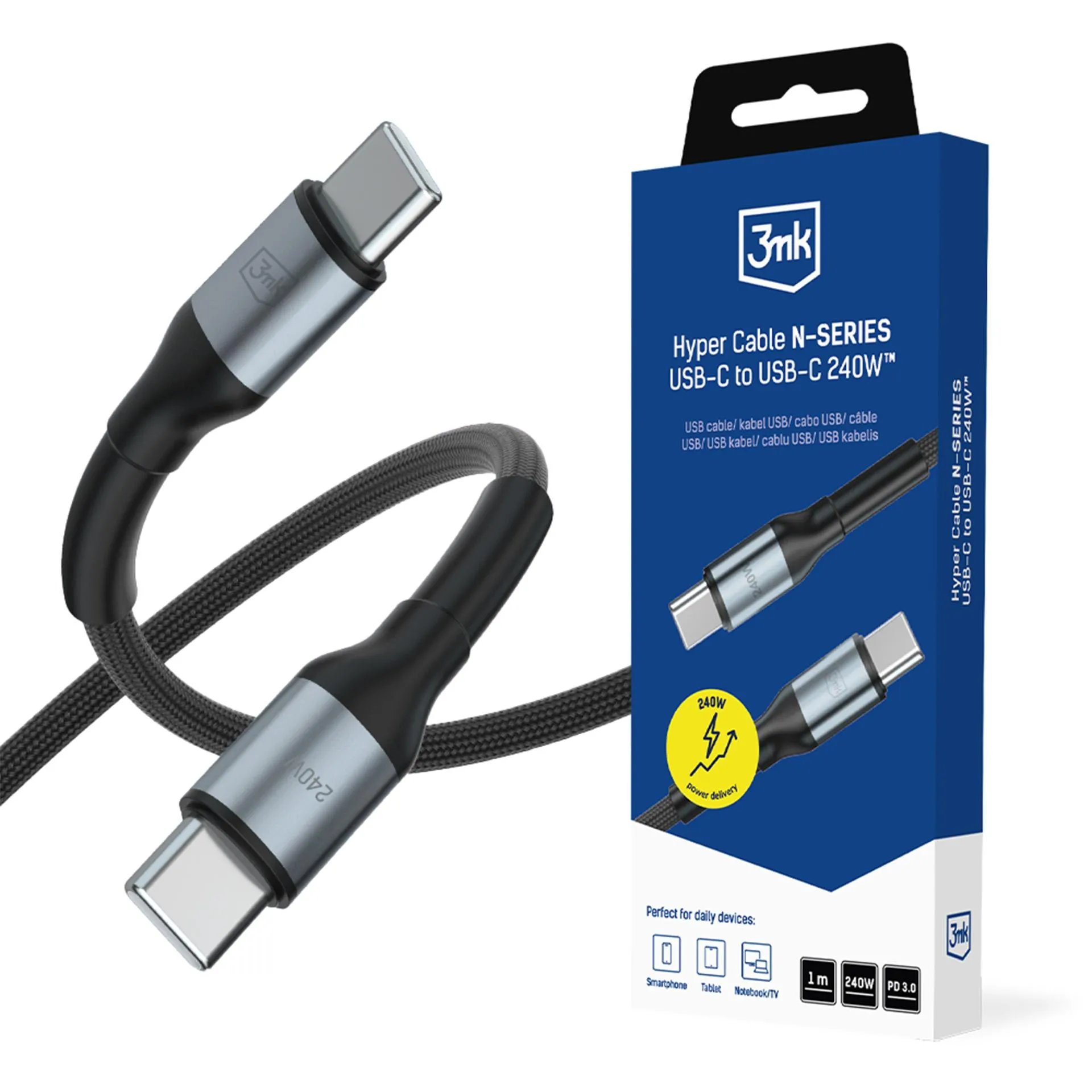 Kabel 3mk Hyper Cable N-SERIES PD 3.0 48V/5A USB-C do USB-C 1m 240W Czarny
