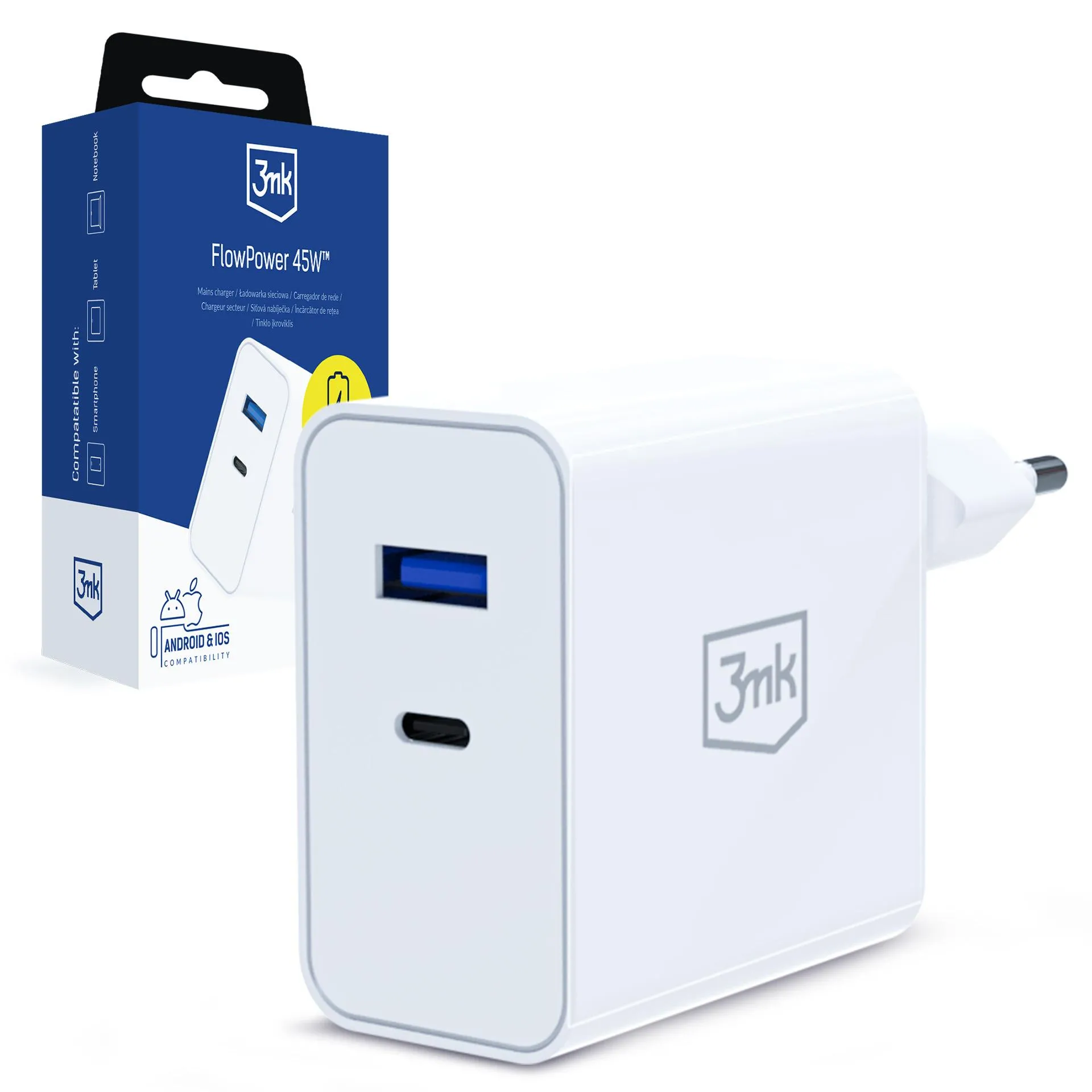 Ładowarka sieciowa 3mk FlowPower PD3.0 QC4+ USB-A USB-C 45W Biały