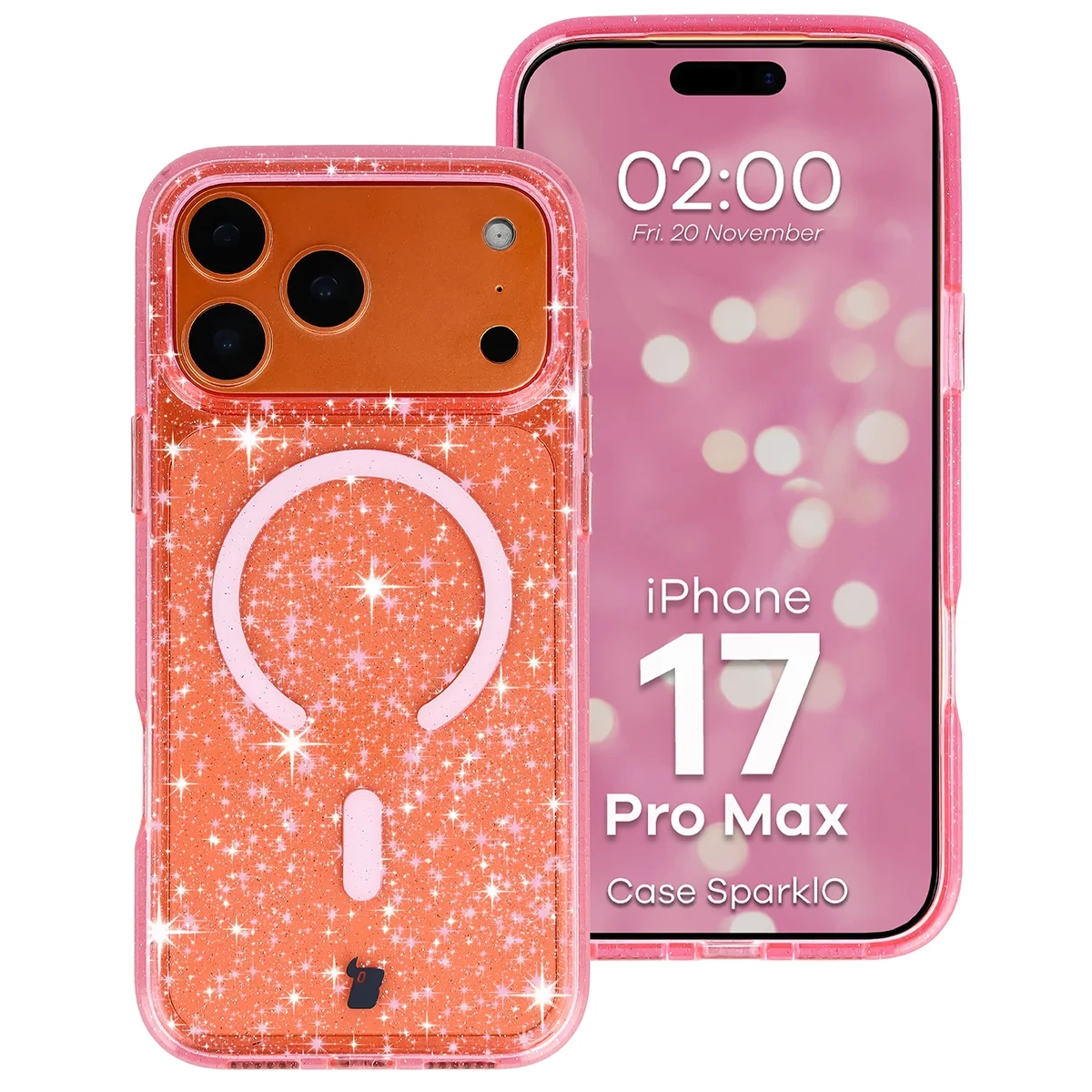 Etui Bizon Case SparklO do iPhone 17 Pro Max / 18 Pro Max Przezroczysto-Różowe Z Brokatem