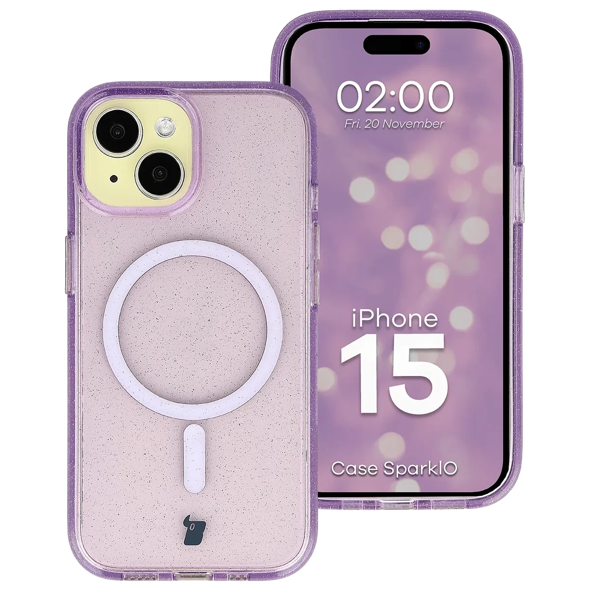 Etui Bizon Case SparklO do iPhone 15 Przezroczysto-Fioletowe Z Brokatem