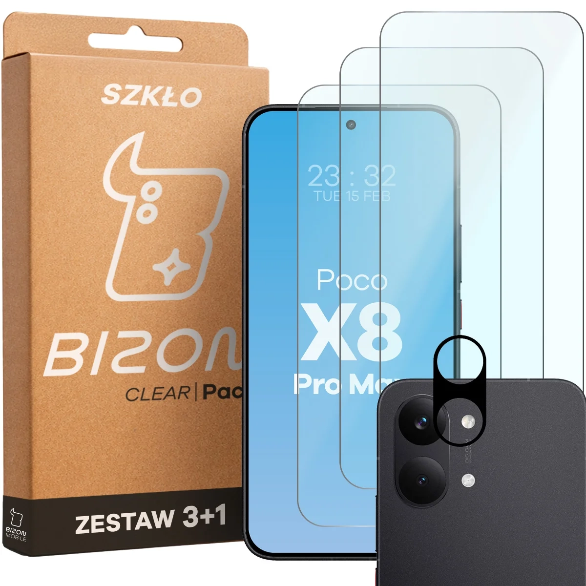 Zestaw ochronny Bizon 3x Szkło + szybka na aparat Glass Clear Pack do Xiaomi POCO X8 Pro Max