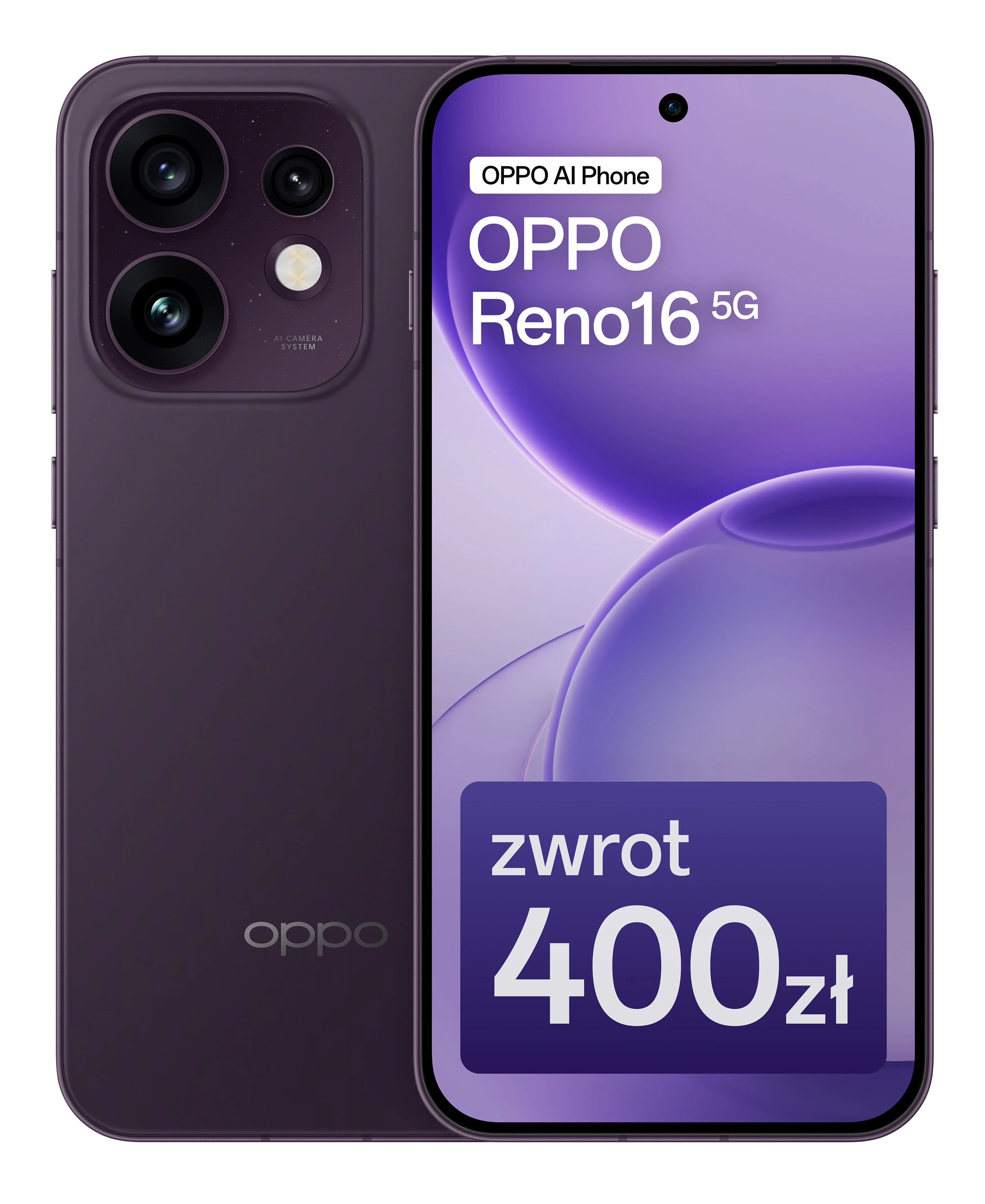 Smartfon OPPO Reno16 5G 8/256GB Funkcje AI 6,32" 120Hz 50Mpix Fioletowy