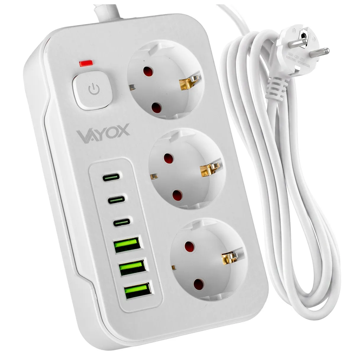 Listwa Vayox VA0468W-2 3x USB-A 3x USB-C 3 gniazda 2m Biały