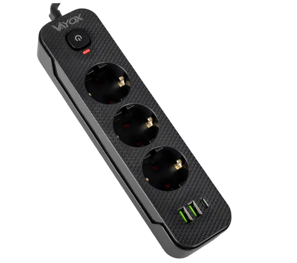 Vayox VA0467B-1,5 2x USB-A 1x USB-C 3 gniazda 1,5m Czarny