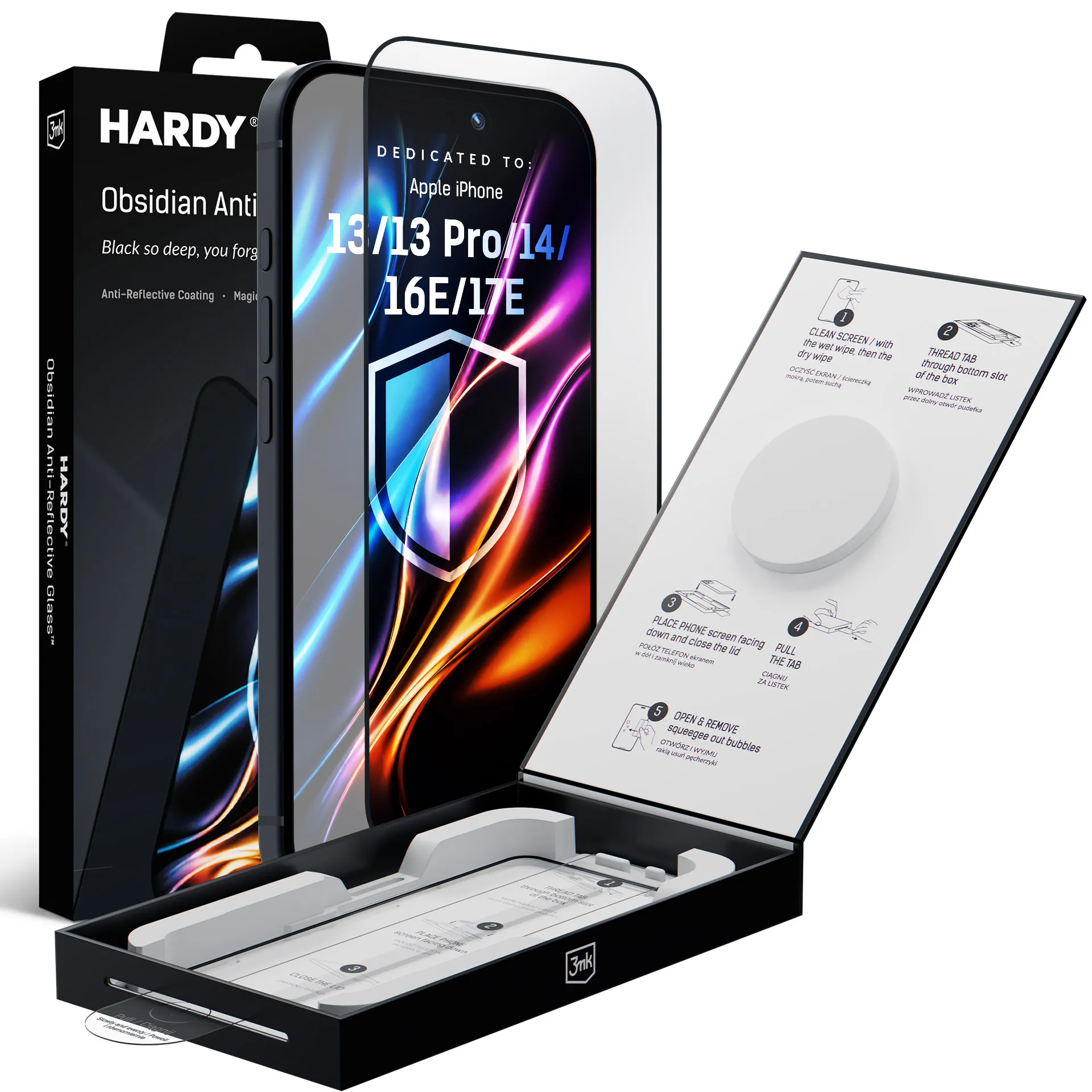 Szkło hartowane 3mk Hardy Obsidian Antireflex Glass do iPhone 13 / 13 Pro / 14 / 16e / 17e