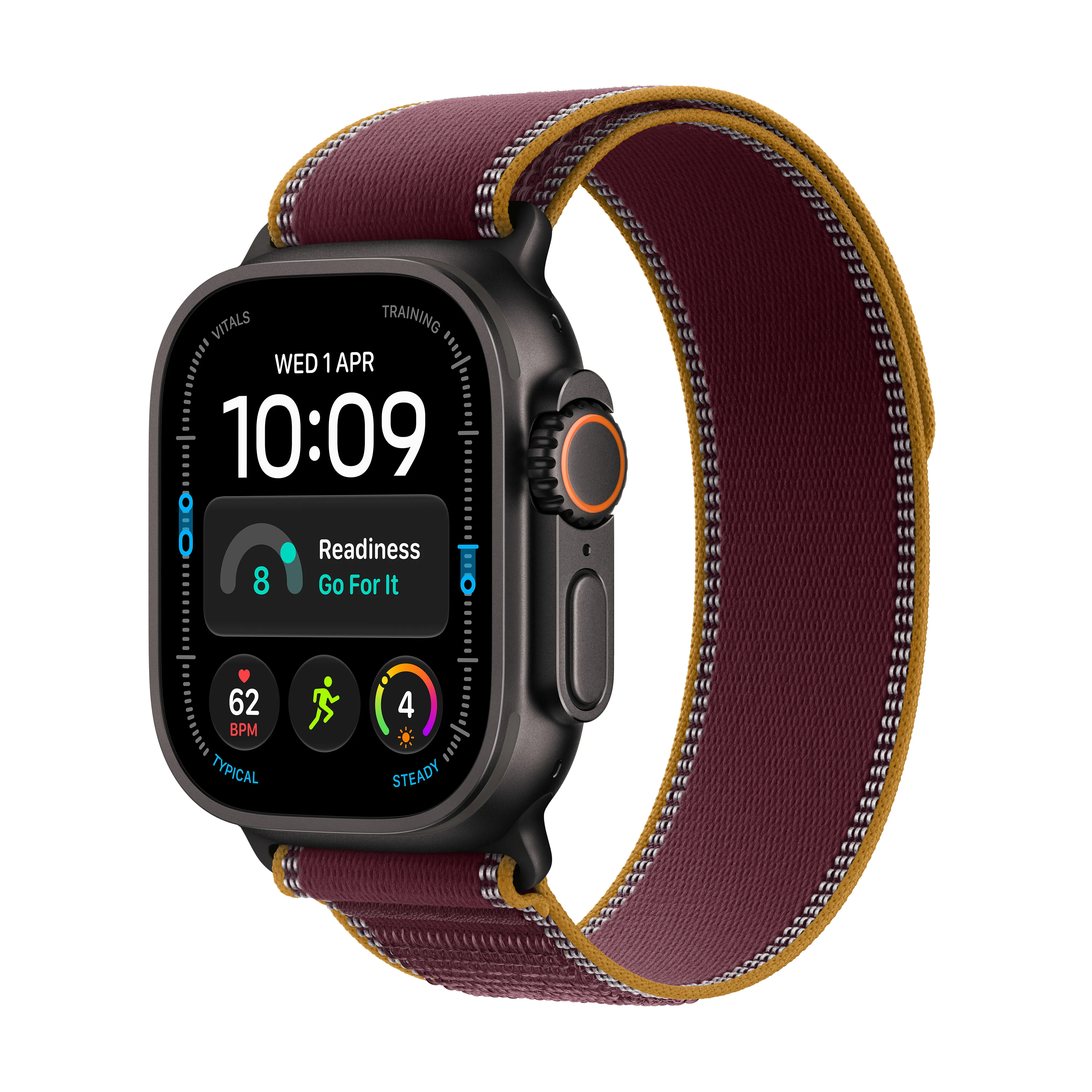 Apple Watch Ultra 4 GPS + Cellular koperta z tytanu czarny 49mm Opaska Trail w kolorze burgunda Rozmiar S/M