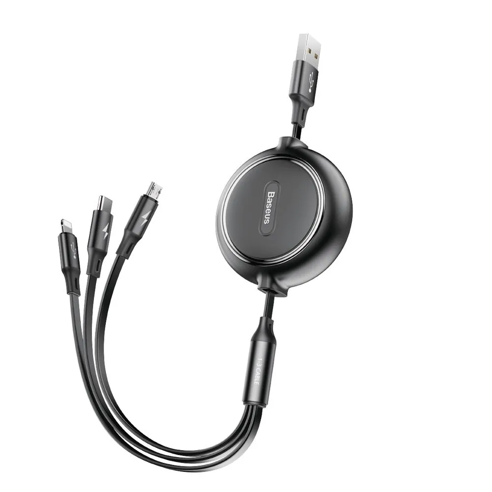 Kabel Baseus CAMLT-JH01 Loop rozwijany 3w1 USB-A do microUSB, Lightning, USB-C 3,5A 1,2m Czarny