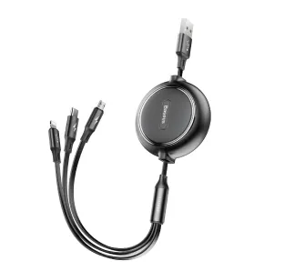 Kabel Baseus CAMLT-JH01 Loop rozwijany 3w1 USB-A do microUSB, Lightning, USB-C 3,5A 1,2m Czarny