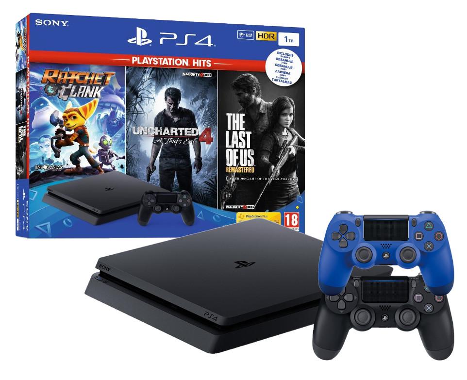 Konsola Sony PlayStation 4 Slim 1TB + Ratchet & Clank + Uncharted 4:Kres Złodzieja + The Last of Us Remastered + niebieski pad