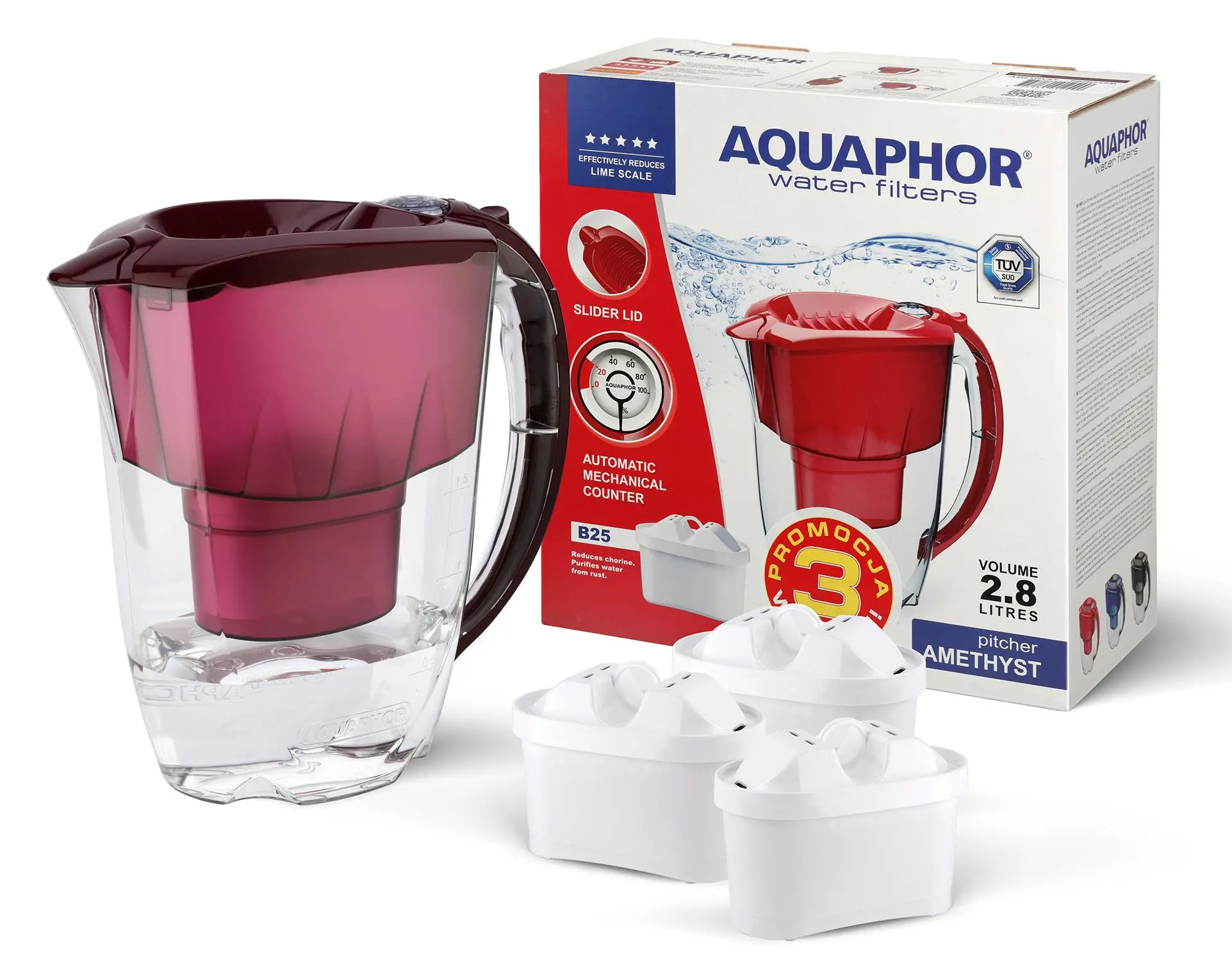 Dzbanek filtrujący Aquaphor Amethyst 2,8l 3 wkłady Wiśniowy