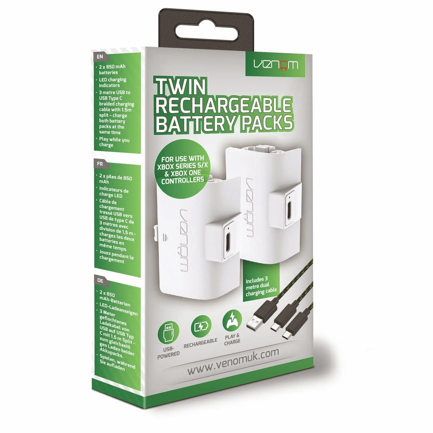 Akumulator Venom Venom VS2872 - 2 sztuki do pada Xbox Series / Xbox One + 3m kabel Biały