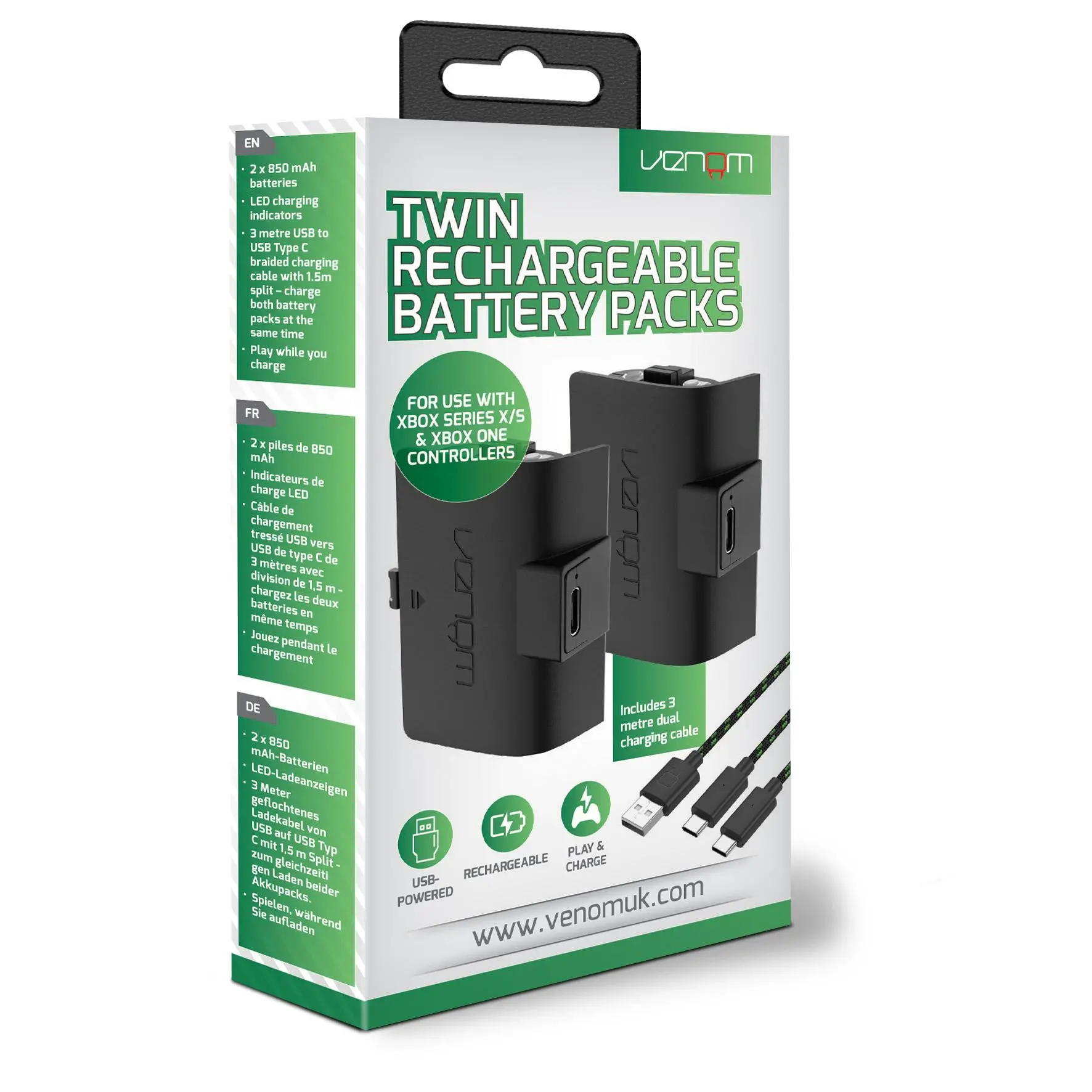 Akumulator Venom Venom VS2882 -  2 sztuki do pada Xbox Series / Xbox One + 3m kabel Czarny