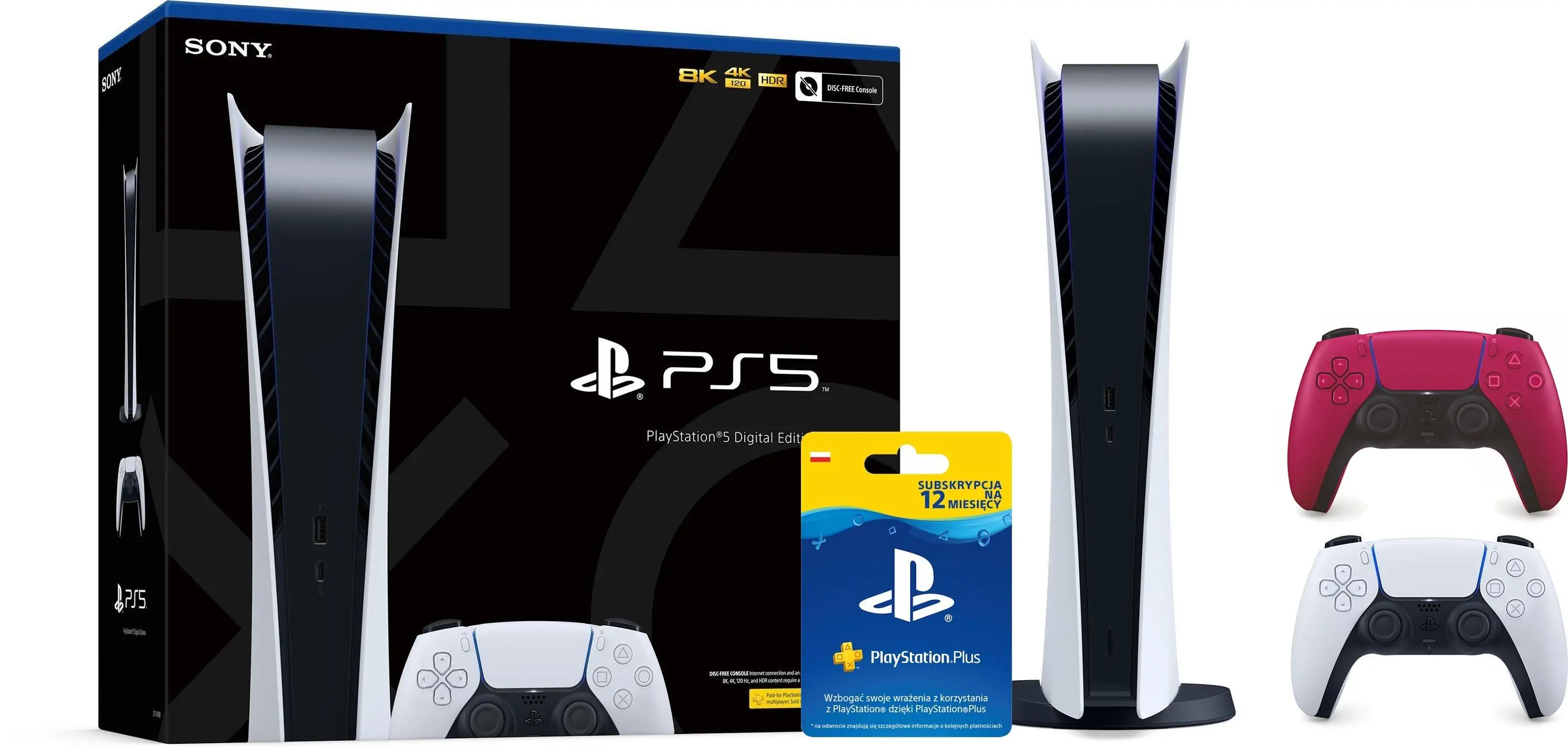 Konsola Sony PlayStation 5 Digital (PS5) + PlayStation Plus 12 m-ce + Dodatkowy Pad Czerwony