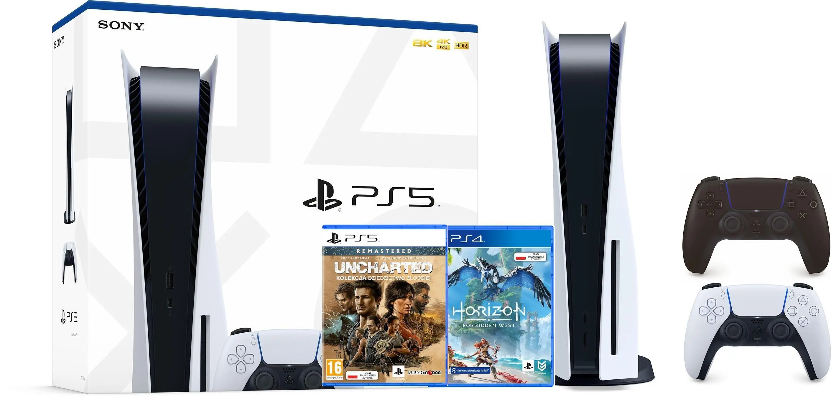 Konsola Sony PlayStation 5 (PS5) z napędem + Dodatkowy Pad Czarny + Horizon Forbidden West + Uncharted Kolekcja