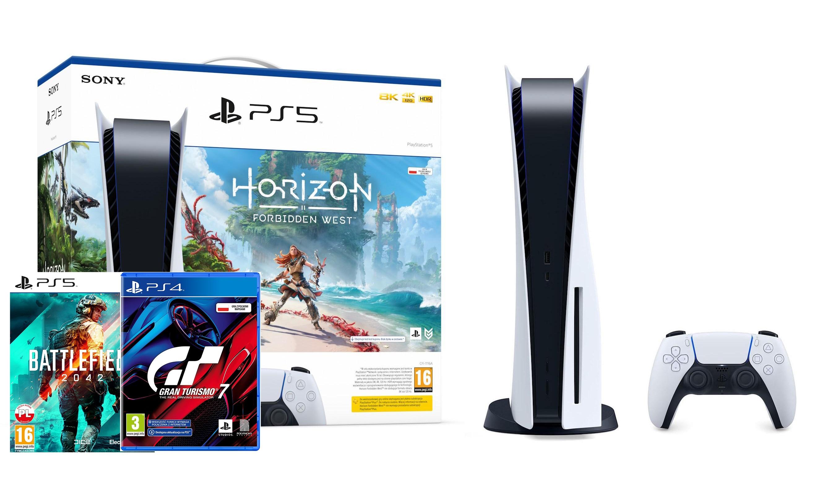 Konsola Sony PlayStation 5 (PS5) z napędem - Horizon Forbidden West - Battlefield 2042 - Gran Turismo 7