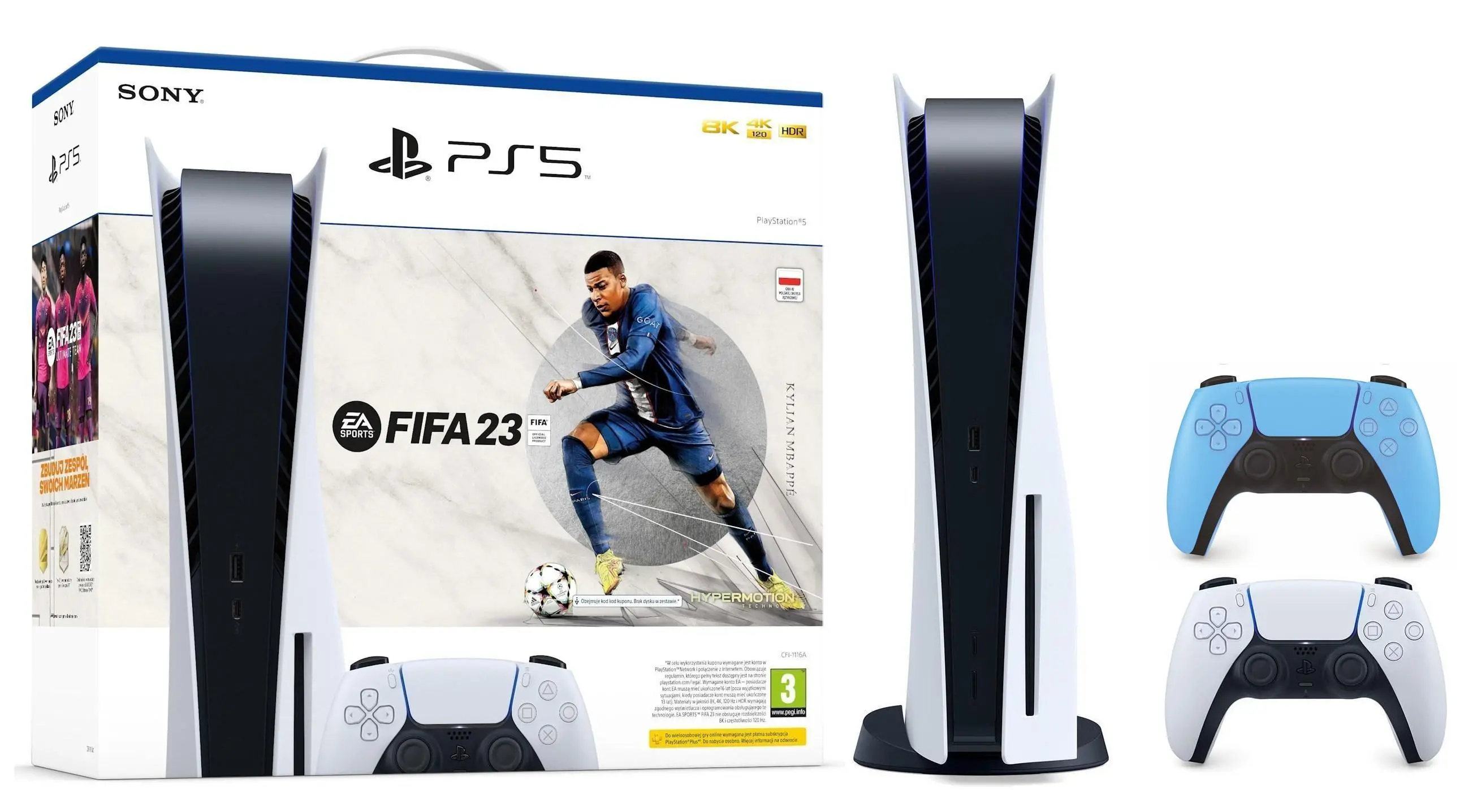 Konsola Sony PlayStation 5 (PS5) z napędem + FIFA 23 + Dodatkowy Pad Niebieski