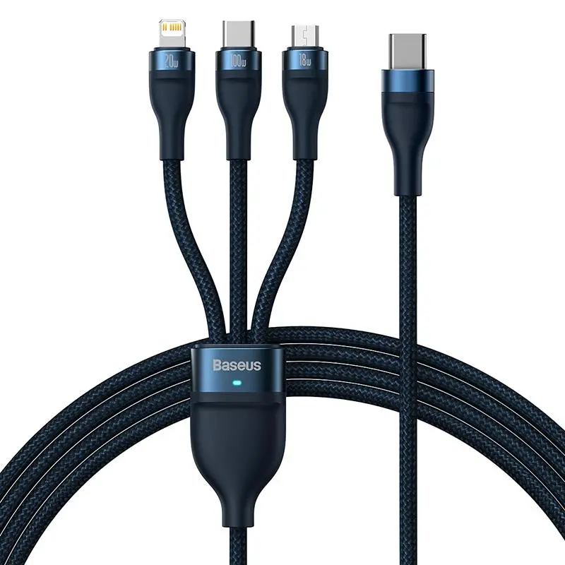 Kabel Baseus Flash Series 2 3w1 USB-C + micro USB + Lightning 100W 1,5m Niebieski