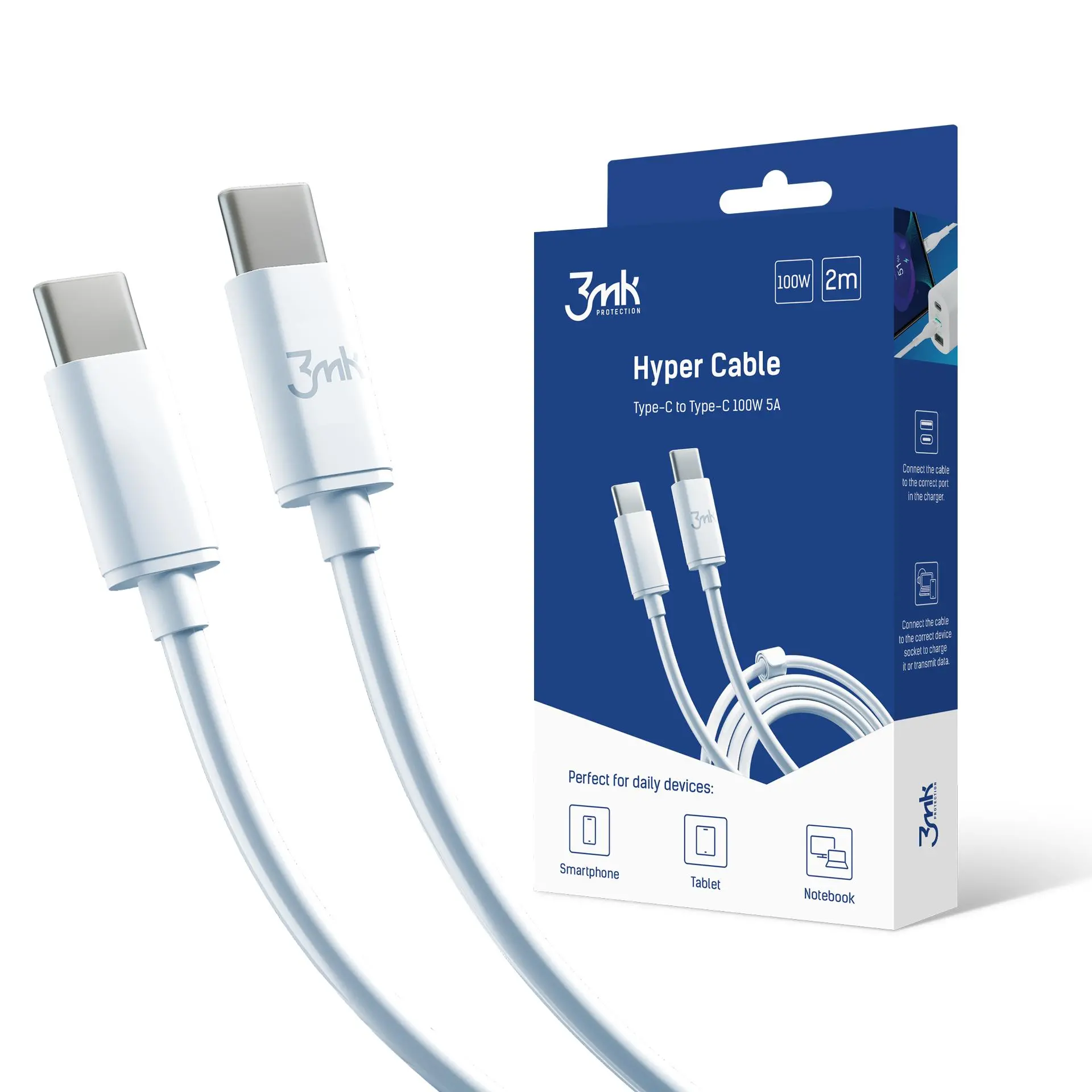 Kabel 3mk Hyper Cable do USB-C to C 100W 5A 2m Biały