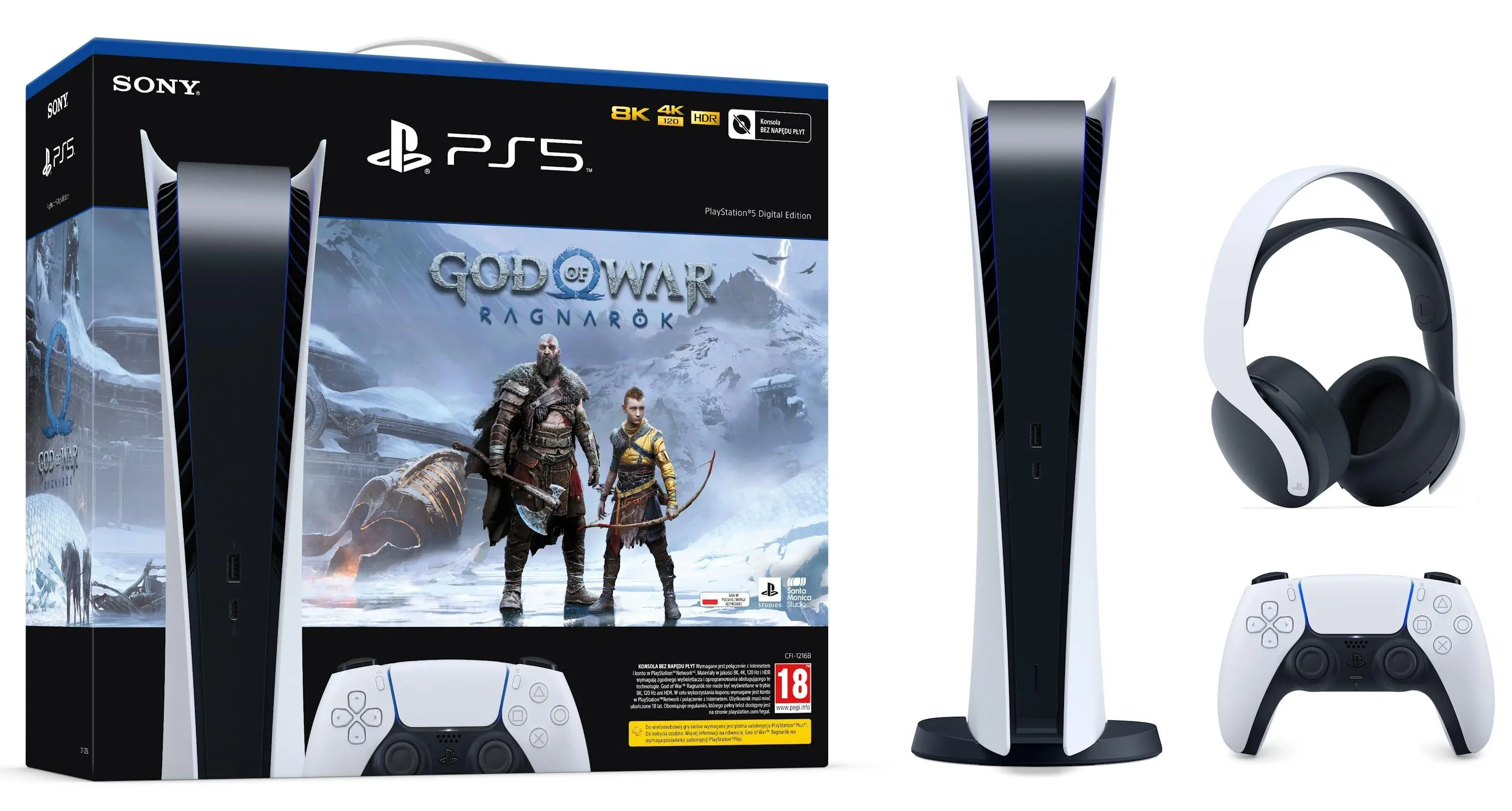Konsola Sony PlayStation 5 Digital Edition (PS5) + Słuchawki PULSE 3D Biały + God of War Ragnarok
