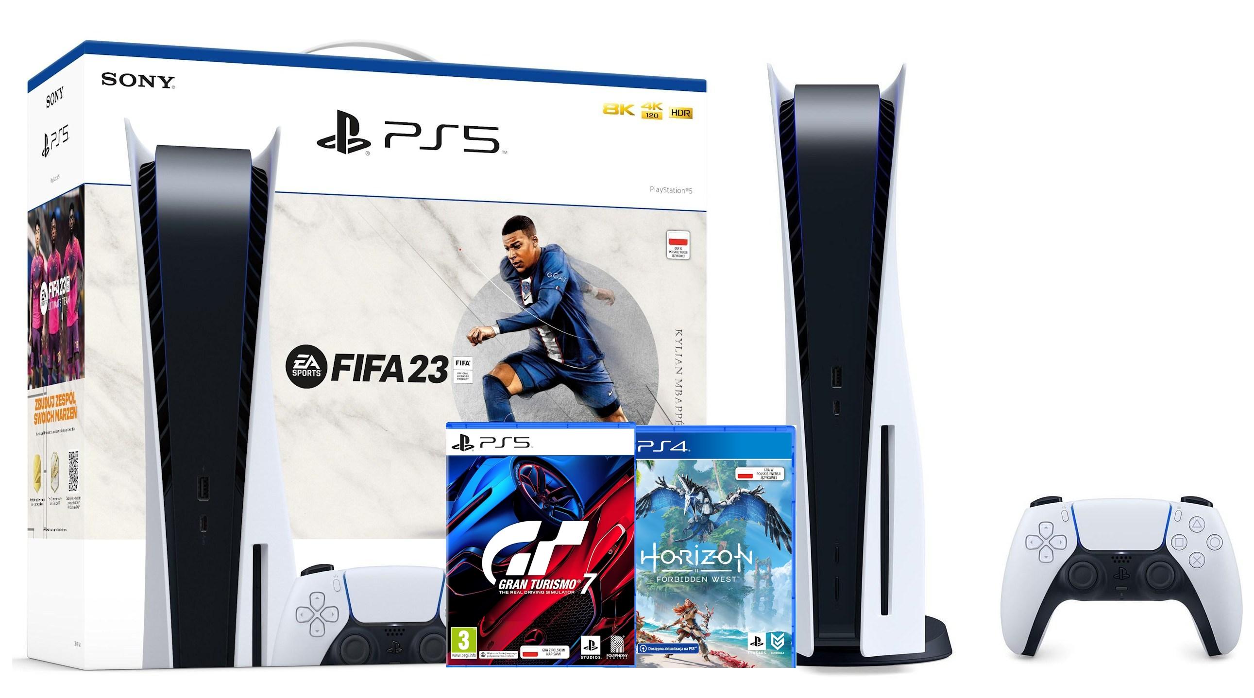 Konsola Sony PlayStation 5 (PS5) z napędem + FIFA 23 + Horizon Forbidden West + Gran Turismo 7