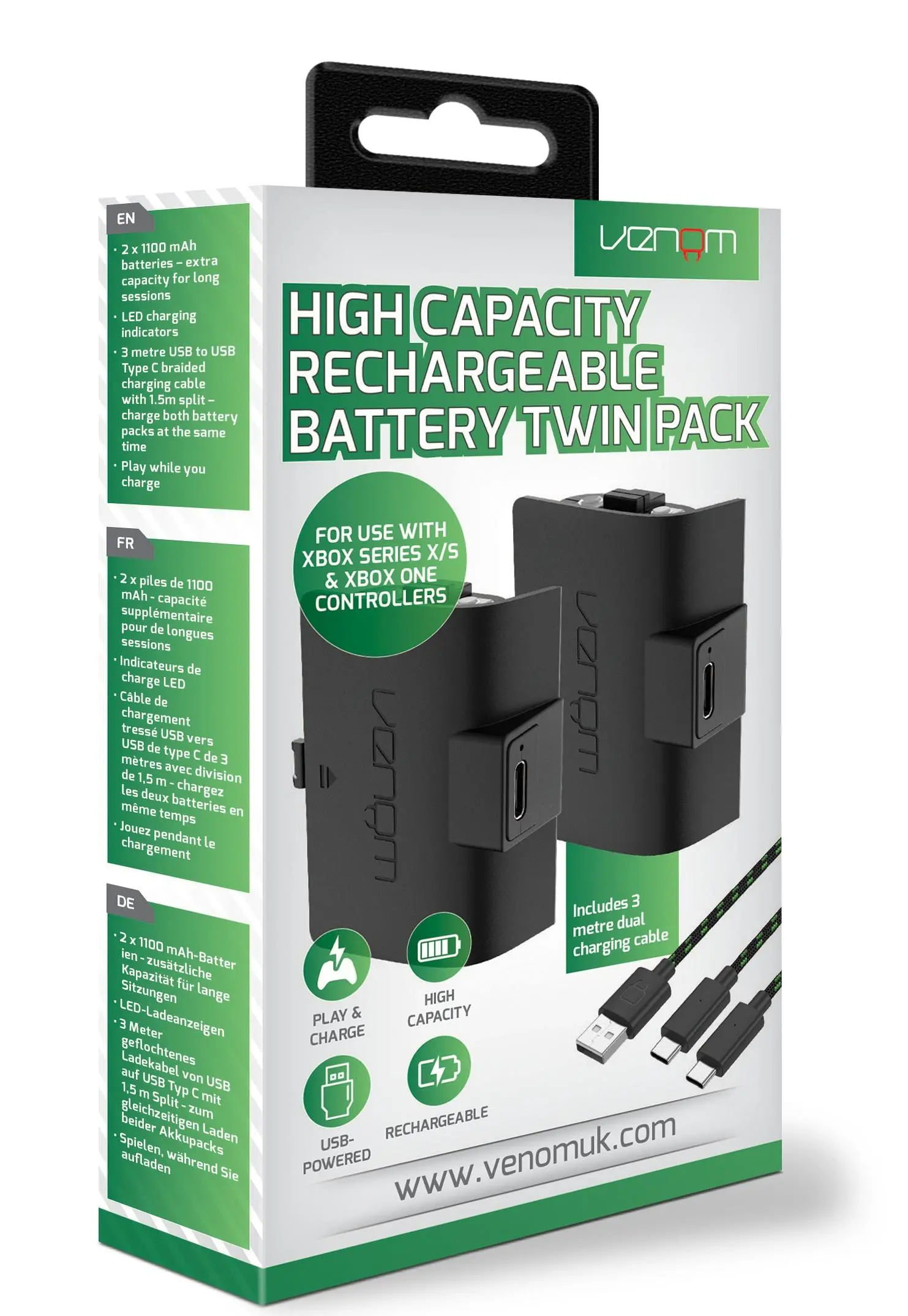 Akumulator Venom Venom VS2883 2 sztuki do pada Xbox Series X/S, Xbox One 2szt + kabel USB 3m Czarny