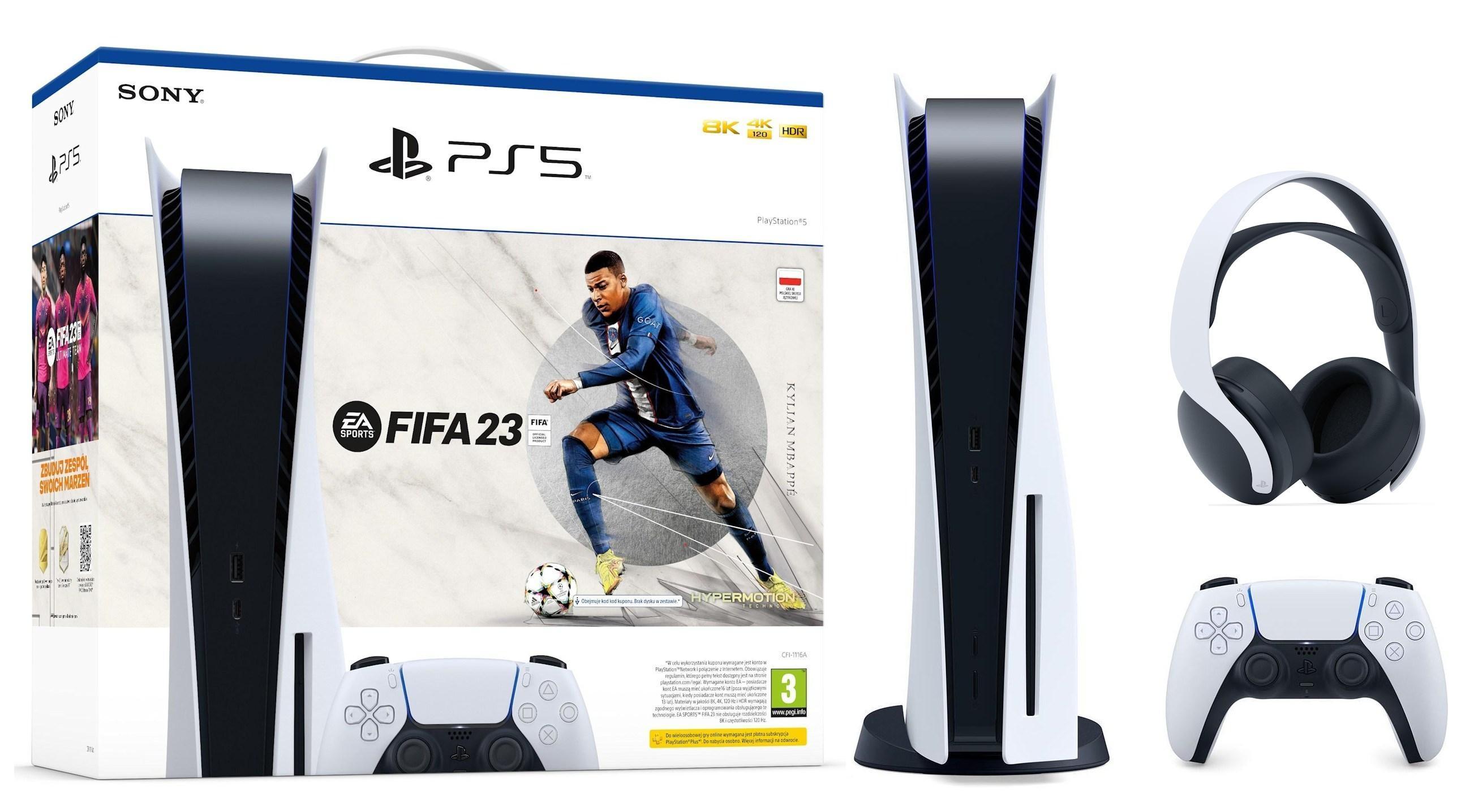 Konsola Sony PlayStation 5 (PS5) z napędem + słuchawki PULSE 3D (biały) + FIFA 23