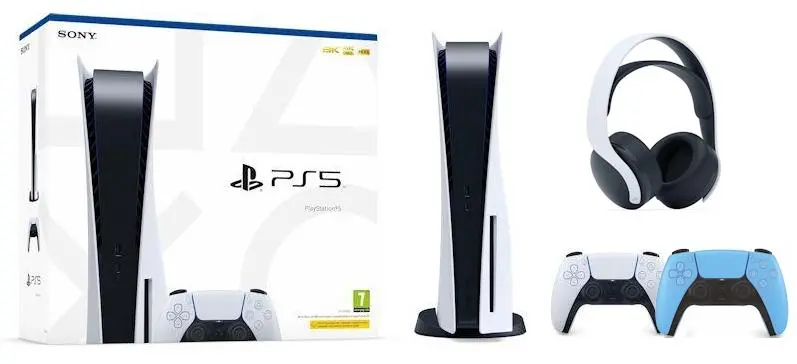 Konsola Sony PlayStation 5 (PS5) z napędem + Słuchawki PULSE 3D Biały + Dodatkowy Pad Niebieski