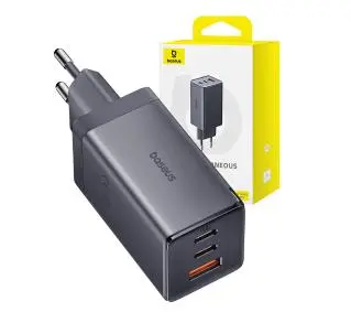 Baseus GaN5 2x USB-C + USB 65W + kabel 1m Szary