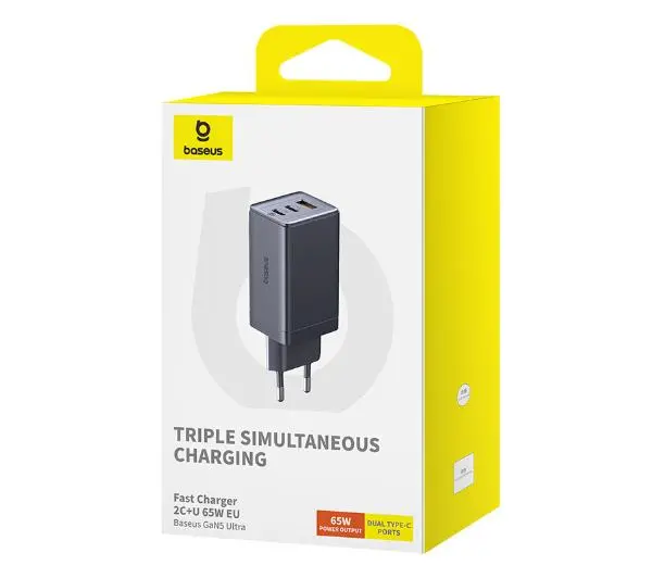 Baseus GaN5 2x USB-C + USB 65W + kabel 1m Szary