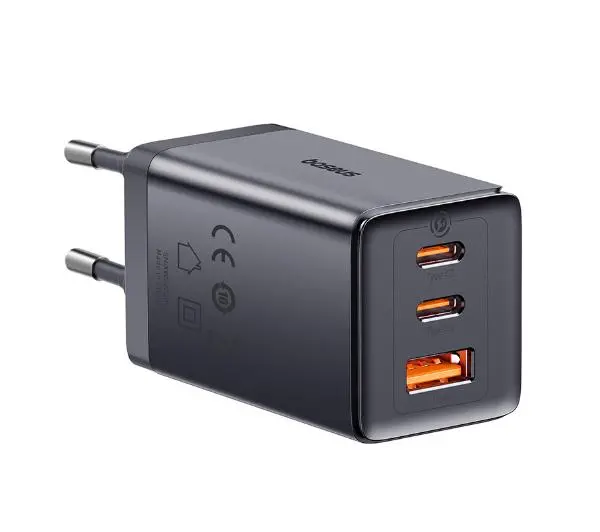 Baseus GaN5 2x USB-C + USB 65W + kabel 1m Szary