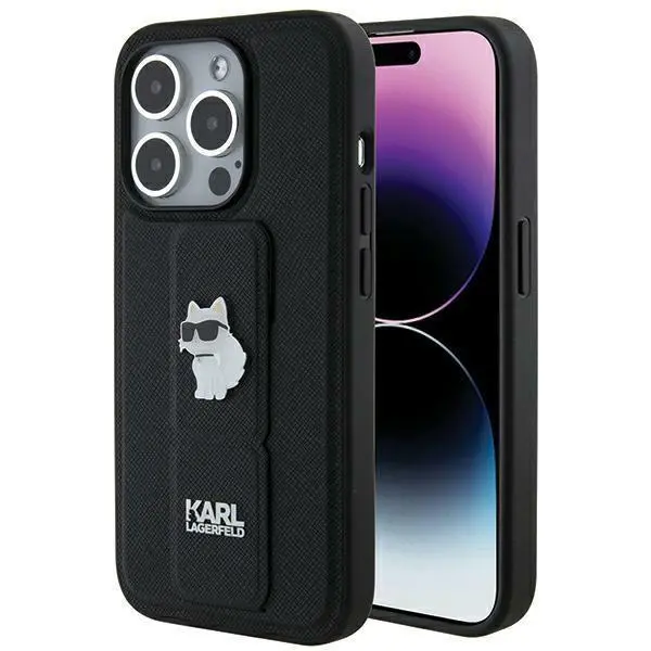 Etui Karl Lagerfeld Gripstand Saffiano Choupette Pins KLHCP14LGSACHPK do iPhone 14 Pro Czarny