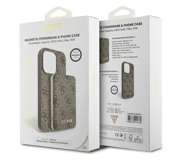 Guess Zestaw do iPhone 15 Pro + Powerbank 5000mAh MagSafe 4G Metal Logo Brązowy - Kup na Raty - RRSO 0%