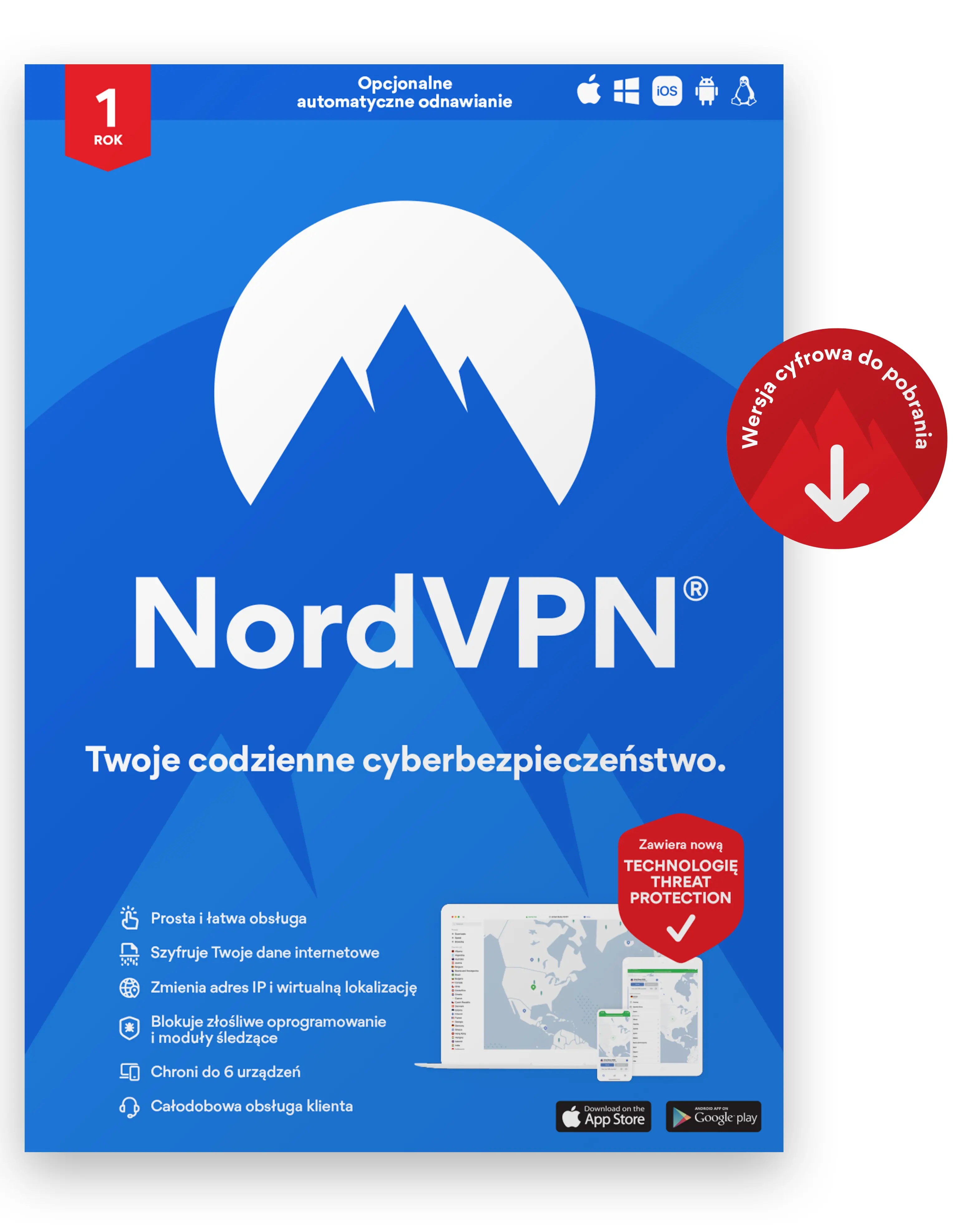 Oprogramowanie NordVPN Standard VPN + Zabezpieczenia 6 Urządzeń/1 Rok