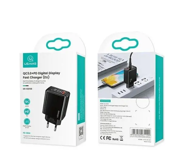 USAMS T40 1 x USB-C + 1 x USB Fast Charging 20W Czarny