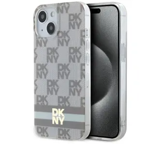 Etui DKNY IML Checkered Mono Pattern & Printed Stripes MagSafe do iPhone 15 Beżowy