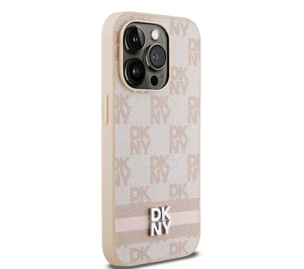 DKNY Leather Checkered Mono Pattern & Printed Stripes do iPhone 14 Pro Różowy