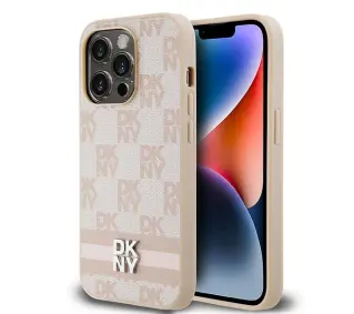 DKNY Leather Checkered Mono Pattern & Printed Stripes do iPhone 14 Pro Różowy
