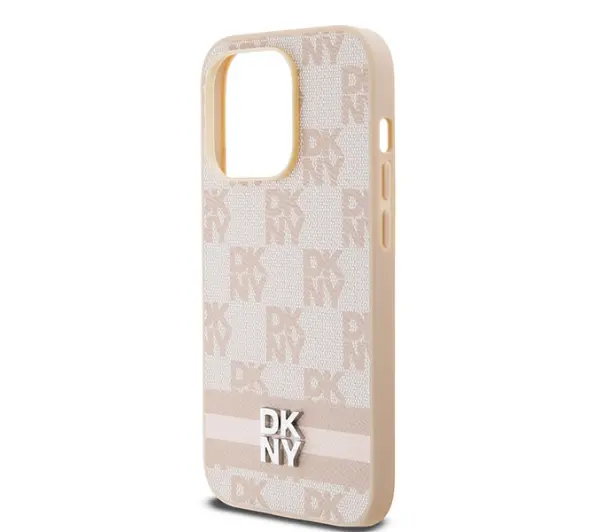 DKNY Leather Checkered Mono Pattern & Printed Stripes do iPhone 14 Pro Różowy