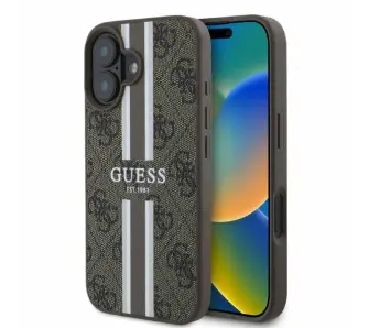 Etui Guess 4G Printed Stripes MagSafe do iPhone 16 Brązowy