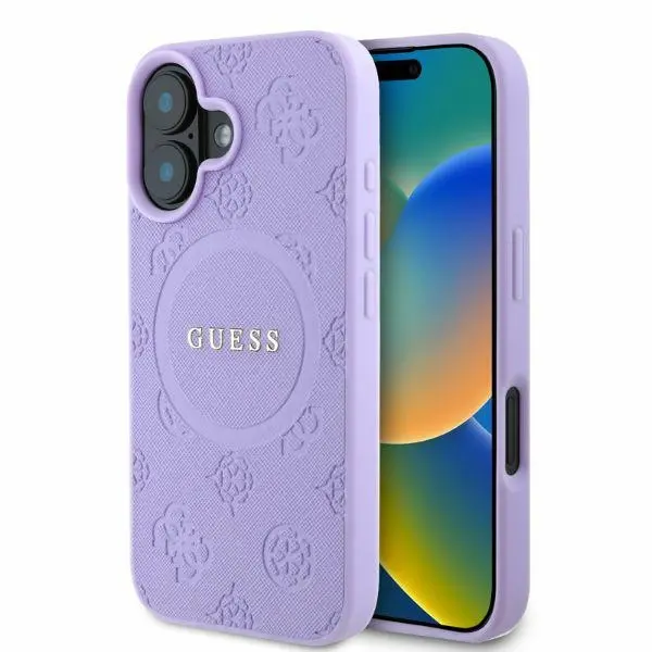 Etui Guess Saffiano Peony Classic Logo MagSafe do iPhone 16 Fioletowy