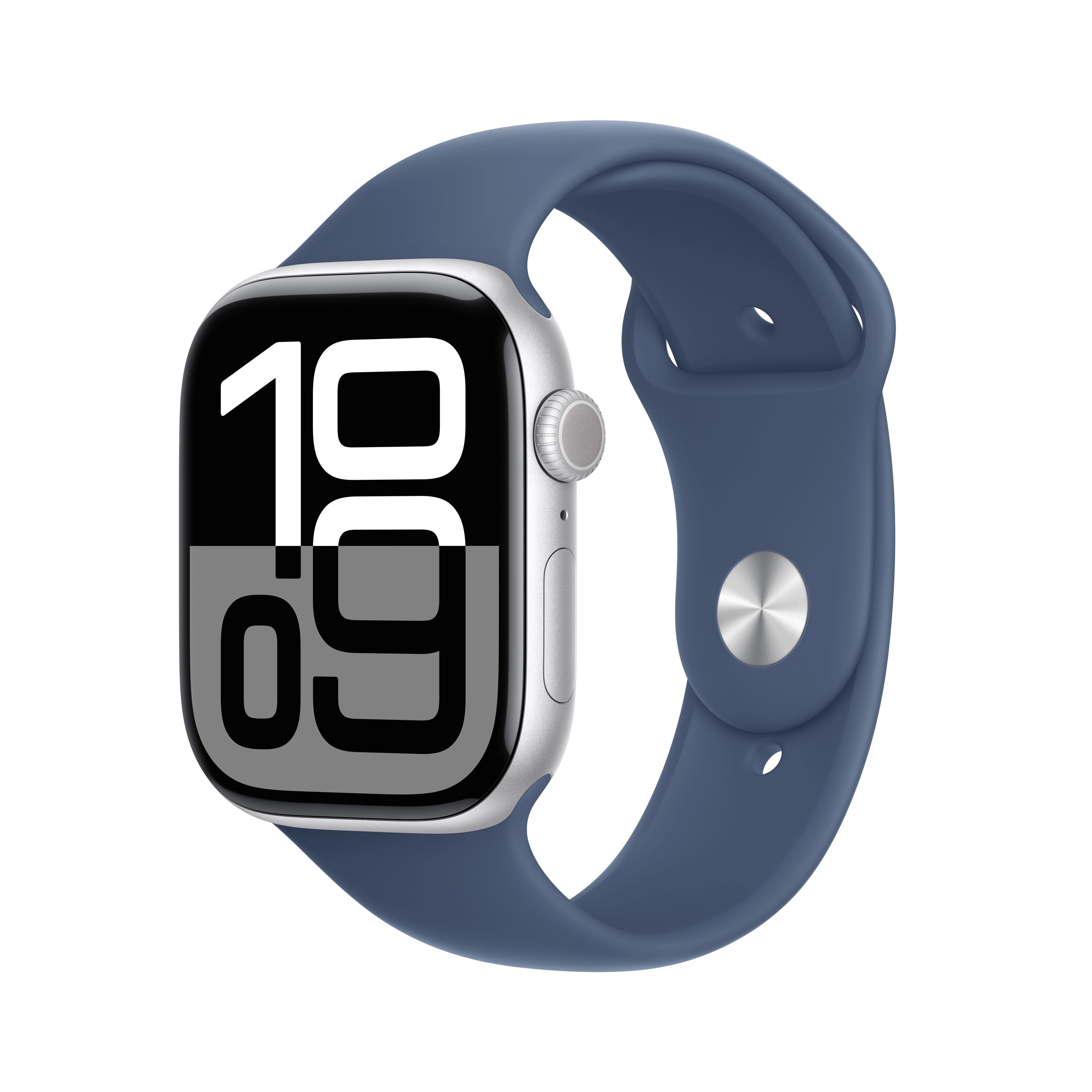 Apple Watch Series 10 GPS AI 46mm z aluminium srebrny pasek sportowy denim M/L