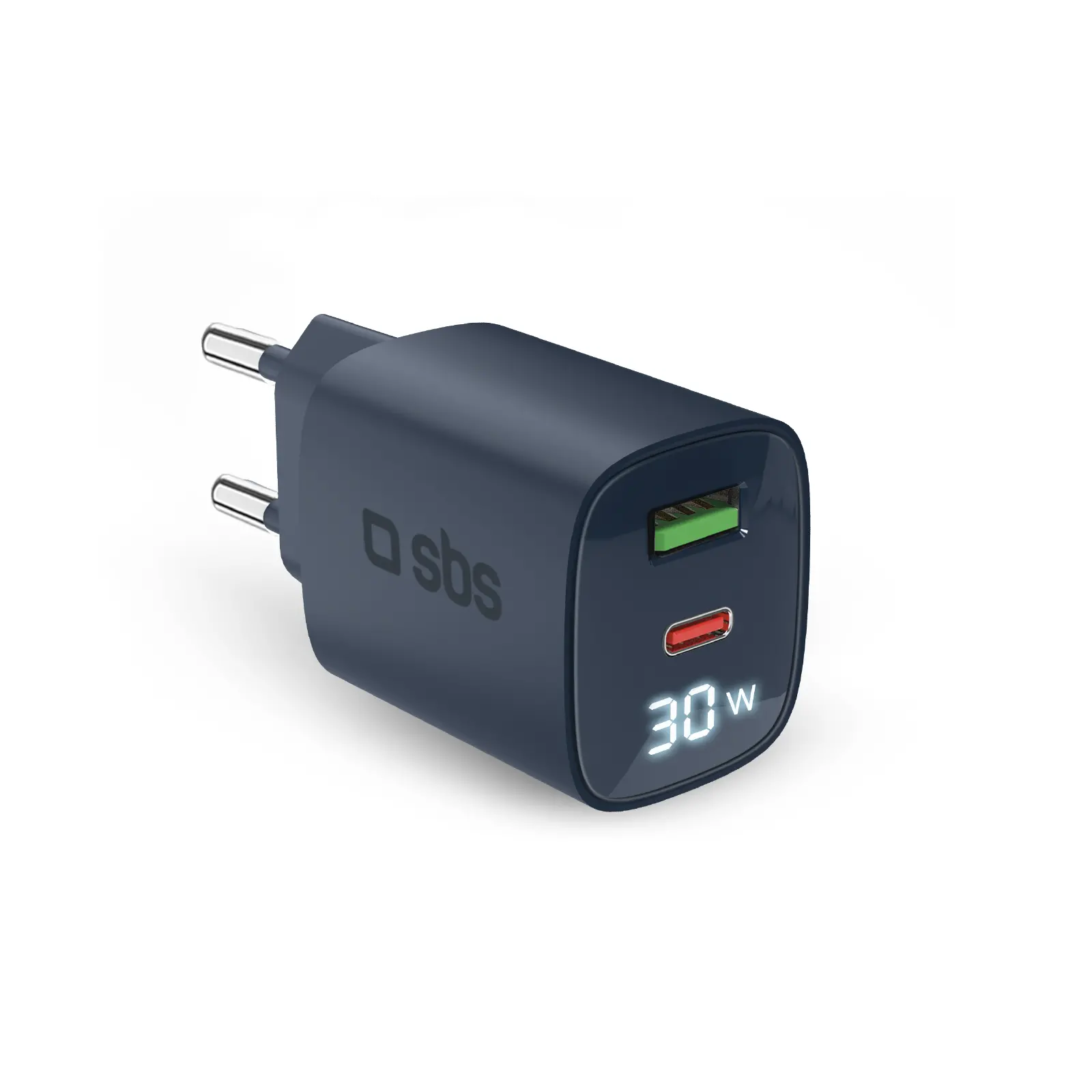 Ładowarka sieciowa SBS LCD GaN PD30W USB-C USB-A Niebieski