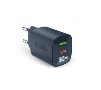 Ładowarka sieciowa SBS LCD GaN PD 30W USB-C USB-A Niebieski