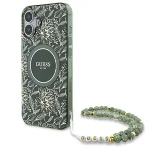 Etui Guess IML Flowers Allover Electro With Pearl Strap MagSafe do iPhone 16 Plus Zielony