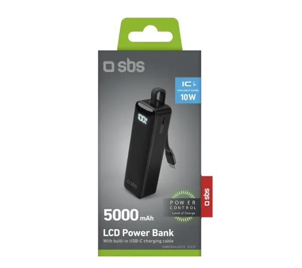 SBS TEBB5000LCDTCK 5000mAh 10W Wbudowany kabel USB-C Czarny