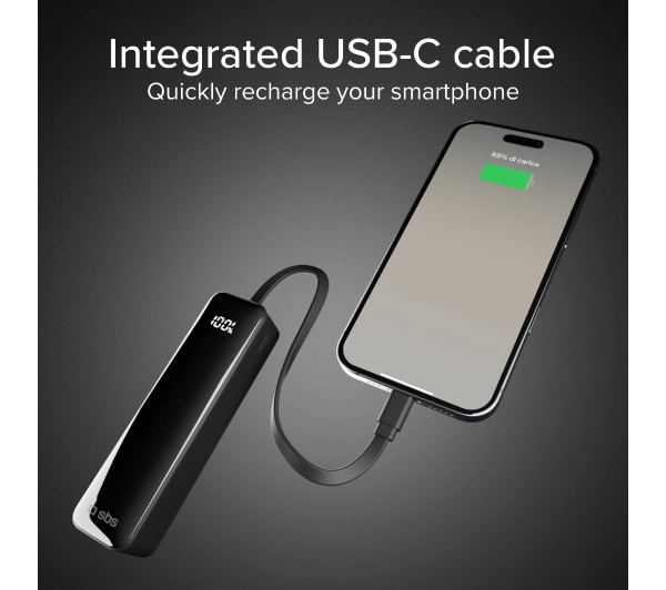 SBS TEBB5000LCDTCK 5000mAh 10W Wbudowany kabel USB-C Czarny
